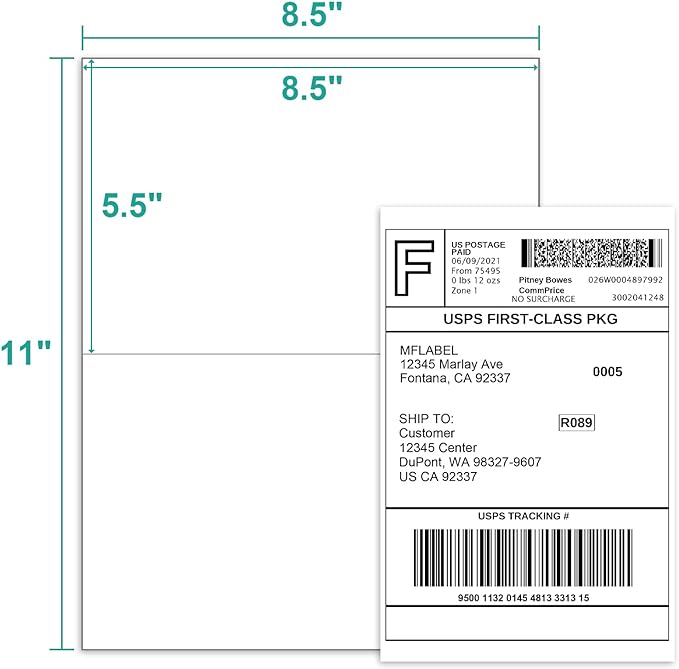 MFLABEL Half Sheet Shipping Labels - 8.5" x 5.5" Adhesive Packaging Labels for Laser & Inkjet Printers, 100 Self-Adhesive Stickers (25 Sheets) for Boxes, Mail, FBA & DIY Projects