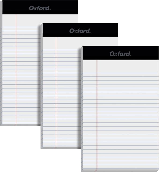 Oxford 5 x 8 Inch Legal Pads, 3 Pack, Narrow Ruled on Both Sides, White Lined Paper, 50 Perforated Sheets Per Writing Pad, Proudly Made in the USA (1017034)