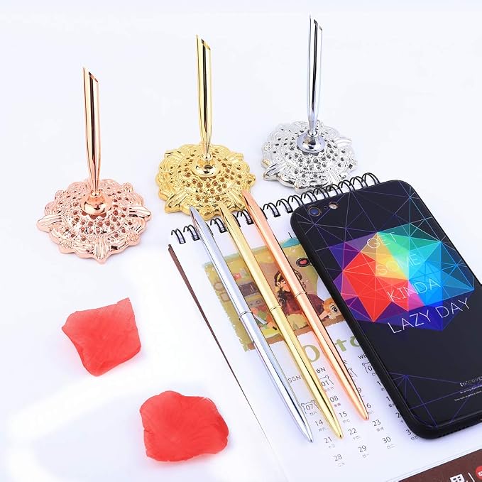 Hollow Round Pen Holder Signing Pen Set for Wedding Bridal Engagement Valentine's Day Favors,Silver 2 Pcs…