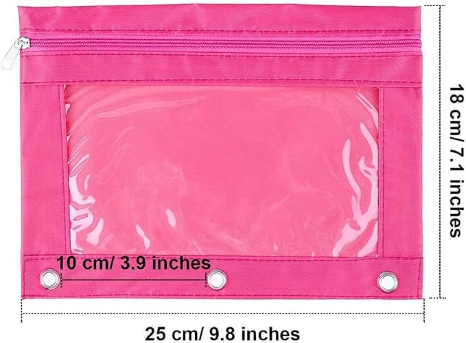 Zippered Pen Pencil Binder Pouch | 3 Rings with Clear Window for School Classroom Organizers 8 Pcs (rose red)