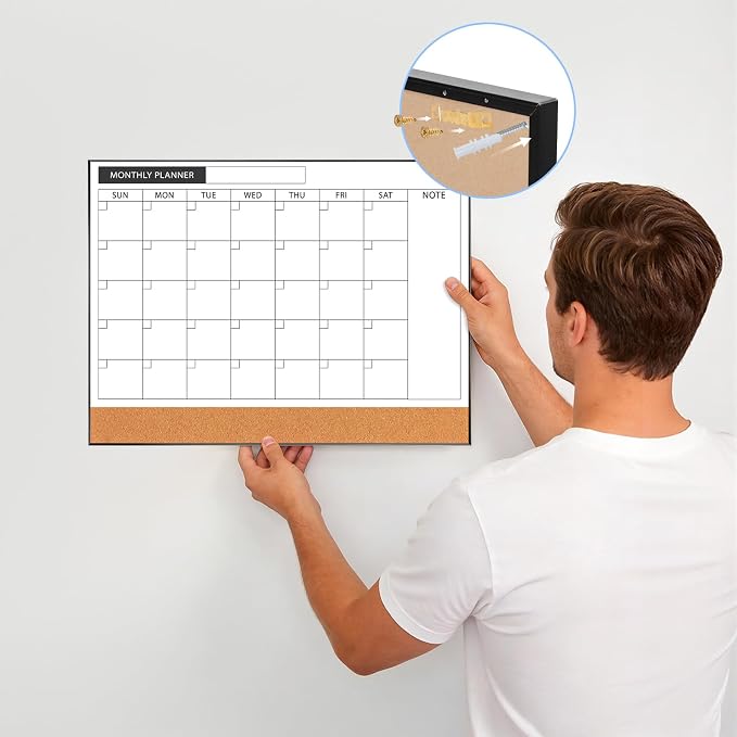 ARCOBIS Dry Erase Calendar with Cork Board for Wall, 11.6"x 15.7" Magnetic Calendar Whiteboard with Black Frame, Monthly Combination Board for School, Home, Office