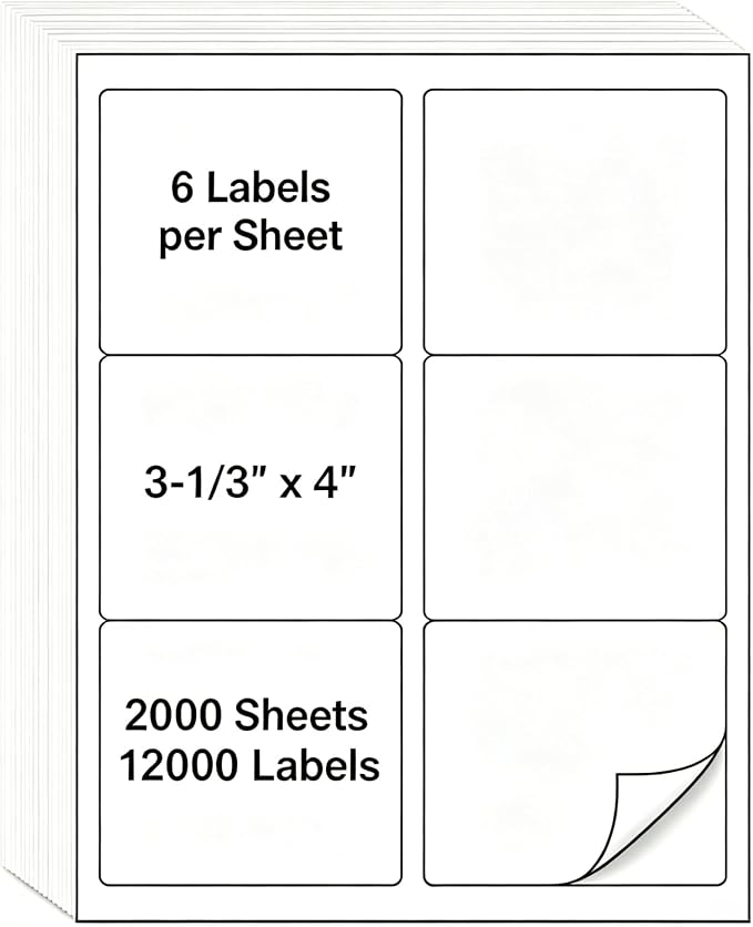 MPRT 2000 Sheets 3-1/3" x 4" Shipping Address Labels Printable Label Stickers Paper for Laser/Inkjet Printer 6 per Page Mailing Labels, FBA Box Labels - Matte, 12000 Labels