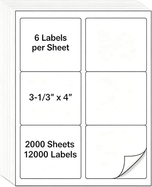 MPRT 2000 Sheets 3-1/3" x 4" Shipping Address Labels Printable Label Stickers Paper for Laser/Inkjet Printer 6 per Page Mailing Labels, FBA Box Labels - Matte, 12000 Labels