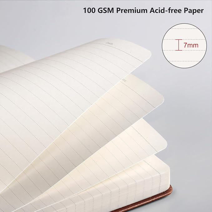 AHGXG Lined Journal Notebook, 192 Numbered Pages, A5 Size (5.7'' x 8.3'') | College Ruled Notebook for Men & Women, Writing, Work & Office, Leather Hardcover, 100 GSM Thick Paper (Brown)