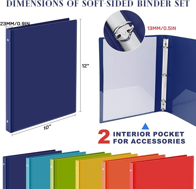 Fulmoon 6 Pack Plastic 3 Ring Binder Assorted Colors Economy Flexible Round Ring Presentation Binders with Pocket for Office School Meeting(0.5 Inch,Rainbow Colors)