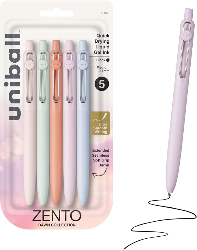 uniball™ Zento Gel Pens, Black Ink, 0.7mm Medium Point, Retractable, 5 Count, Smooth Writing, Quick-Drying, No Smear, No Bleed, Dawn Barrel Colors