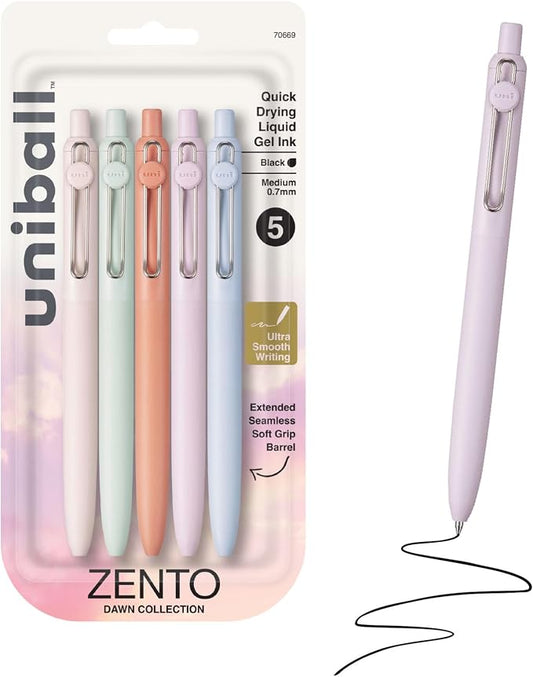 uniball™ Zento Gel Pens, Black Ink, 0.7mm Medium Point, Retractable, 5 Count, Smooth Writing, Quick-Drying, No Smear, No Bleed, Dawn Barrel Colors