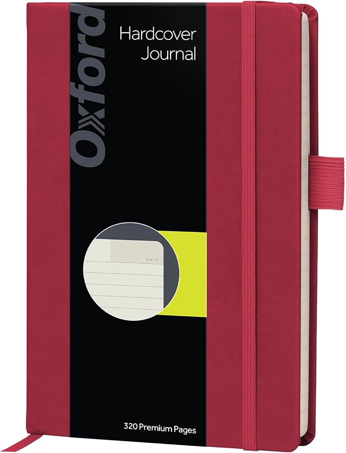 Oxford Premium A5 Journal Notebook, 5" x 8", 320 Lined Pages, Red Hardcover, Elastic Closure, Ribbon Bookmark, Pen Loop, Writing Notebook, Journal for School, Office, and Home (1017293)