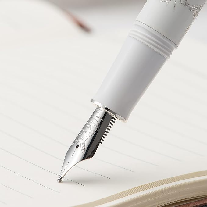 HONG DIAN N23 White Rabbit Fountain Pen, Long Blade Medium Nib Silver Trim, New Year Lucky Rabbit Carving Design, Smooth Writing Pen with Converter and Metal Pen Box Set