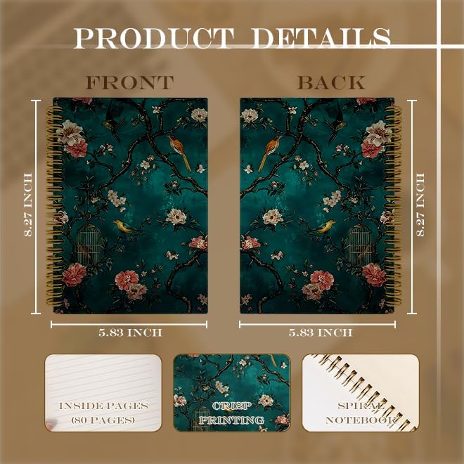 Dark Teal Chinoiserie Floral Bird Spiral Notebook for Work Study, Vintage Oriental Traditional Nature Botanical Notebook Journal for Women Note Taking, 5.5x8.3 Inch