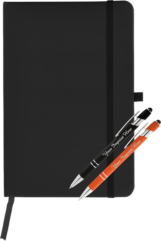 ExpressDesigns™ - Personalized Pens Gift Set w/Journal- 2 Pack of Soft Touch Metal Pens w/Notebook - Custom Engraved with Name or Message (Black - Orange)