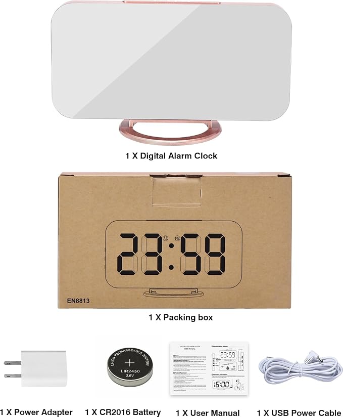 Digital Alarm Clock,7 Inch LED Mirrored Large Display, with Dual USB Charger Ports,Auto Dim,Snooze Function,Modern Desk Wall Electronic Clocks for Bedroom Living Room Office - Rose Gold