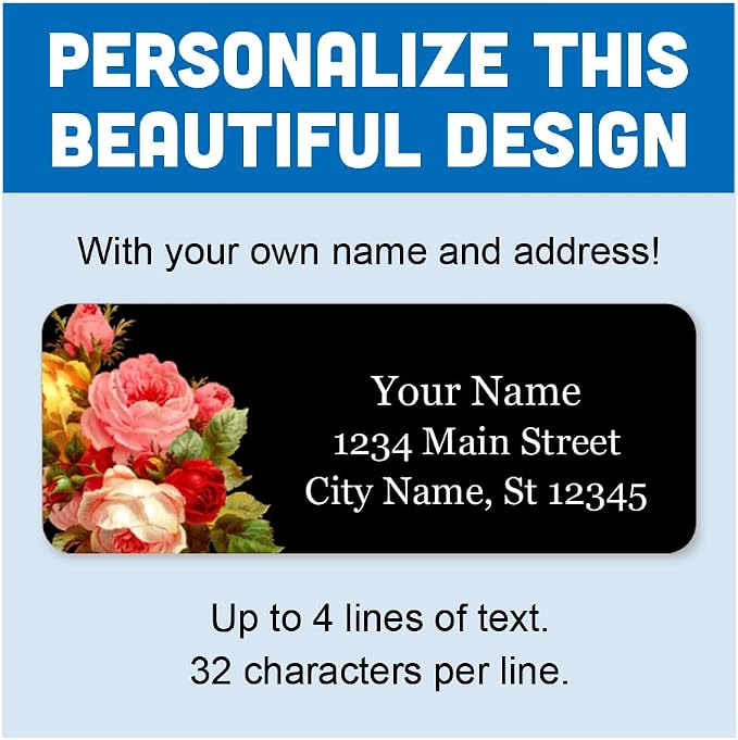 Personalized Return Address Labels - Vintage Roses Black - 60-1000 Custom Self-Adhesive Stickers