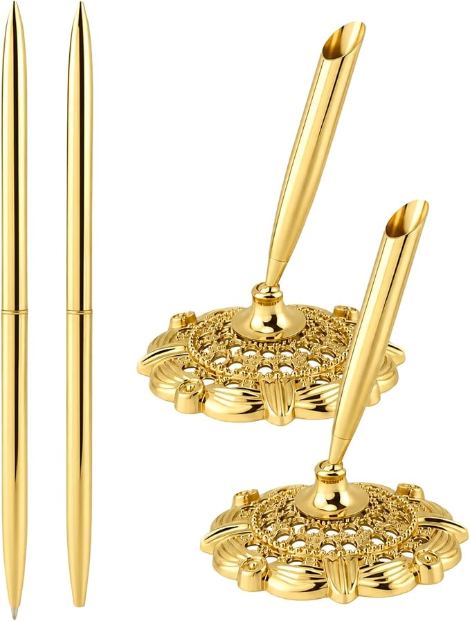 2 Pcs Gold Bridal Shower Pens for Guest Book with 360° Rotating Metal Pen Holder, Wedding Guest Book Signing Pen Set, Durable Metal Ballpoint Pens for Reception Table Decor