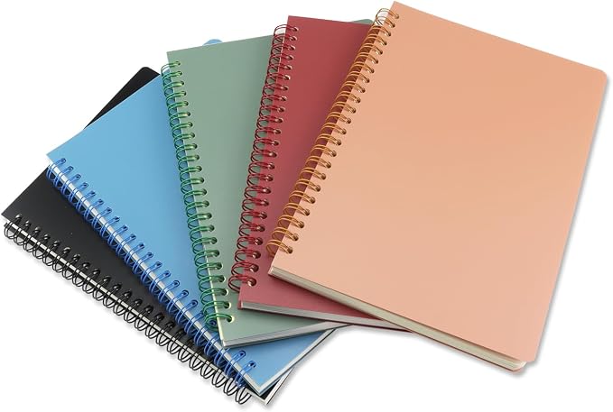 5 Pack Spiral Notebooks 8.3" x 5.7", 80 Sheets College Ruled Notebook with Plastic Waterproof Cover, A5 Lined Journal for Office, School,Home