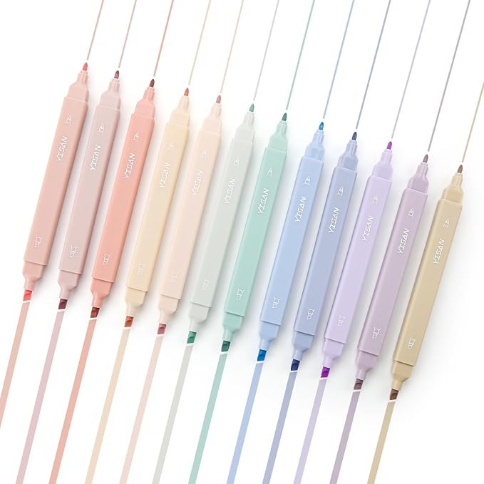 YISAN Pastel Highlighter Pens, 12 Colors | Double Tip, Bible Highlighter Markers, No Bleed, 70924