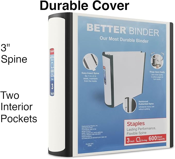 Staples 3‑Inch 3‑Ring Better Binder, Durable View Binder for Office & School Organization, White, 2‑Pack