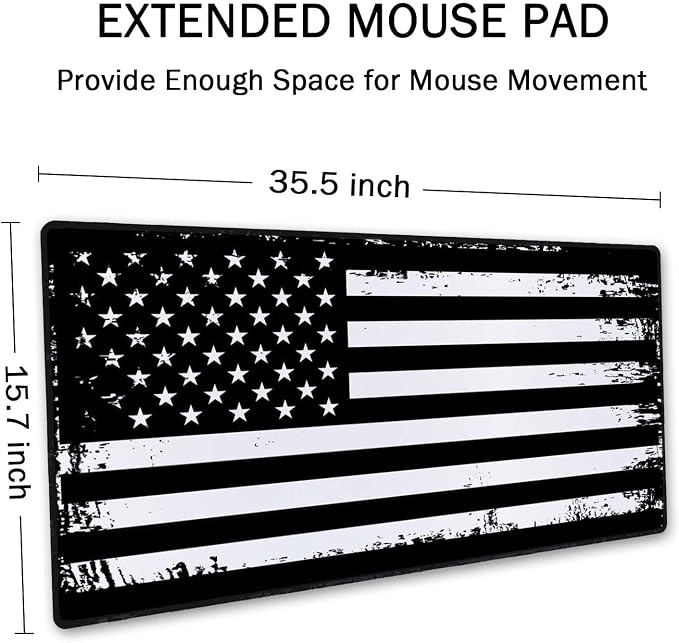 SSOIU Desk Mat, Extended Gaming Mouse Pad (35.5x15.7 in), Large Non-Slip Rubber Base Mousepad with Stitched Edges, Waterproof Keyboard Mouse Mat Desk Pad - Grunge American Flag USA Flag Black White
