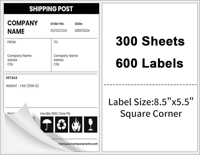 Half Sheet Shipping Labels,Self Adhesive Mailing Labels for Laser & Inkjet Printers,White 8.5x5.5 Half Page Label,300 Sheets