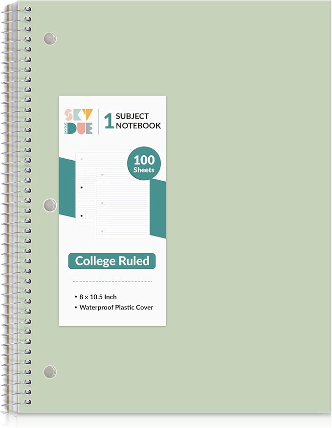 SKYDUE 8"x10.5" Spiral Notebook - College Ruled 100 Sheets, 1 Subject Notebook for School & Office, 3-Hole Punched Paper, Green
