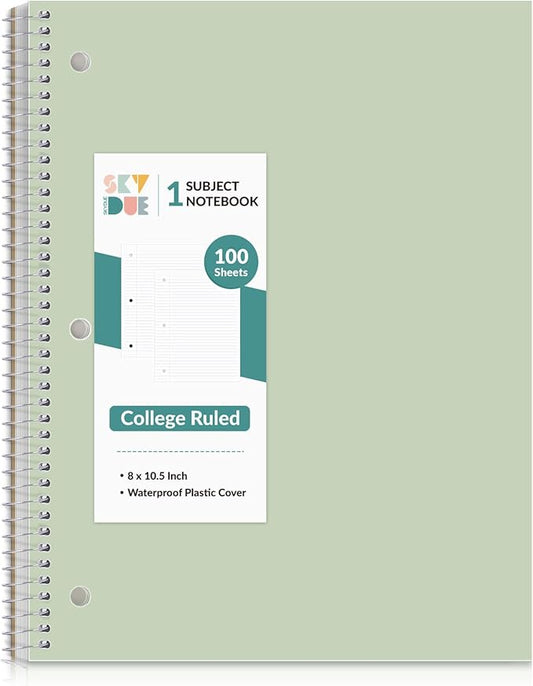 SKYDUE 8"x10.5" Spiral Notebook - College Ruled 100 Sheets, 1 Subject Notebook for School & Office, 3-Hole Punched Paper, Green