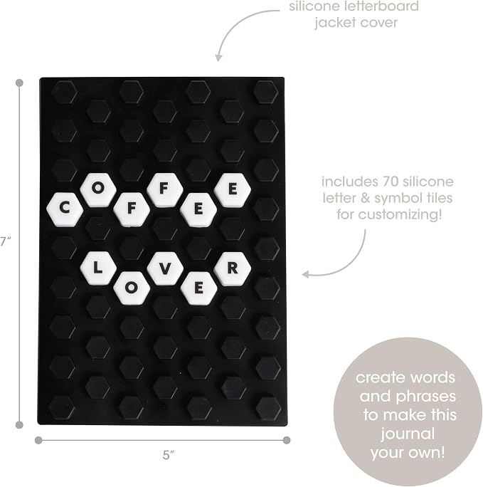 Pearhead Letterboard Composition Notebook, Customizable Silicone Cover Fidget Journal with Letters & Symbols, Lined Pages for Notes, School, Planning & Writing, Black & White