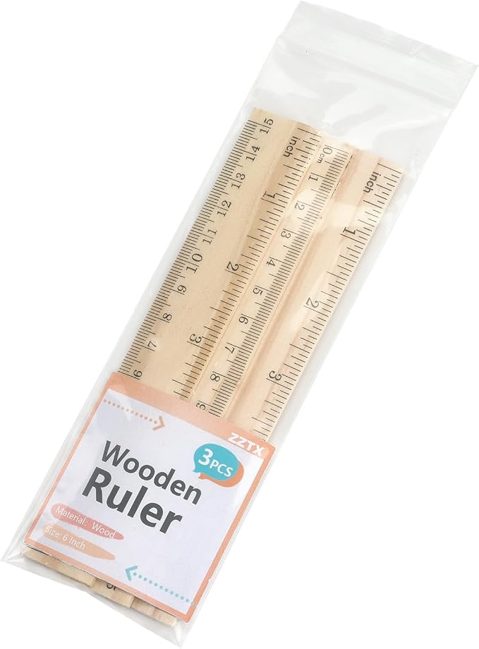 ZZTX 3 Pack Wooden Ruler 6 Inch（15 cm) | 2-in-1 scale design, Durable material, Double level design