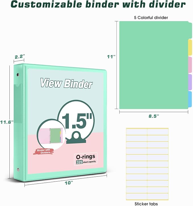 3 Ring Binder 1.5 inch，Cute Binder Organizer with 5 Tab Dividers Fits 175 Sheets of 8.5x11 Paper, Customizable Clear Cover with Inside Pockets,Aesthetic 1.5" Three Ring Binders for School Office,Green