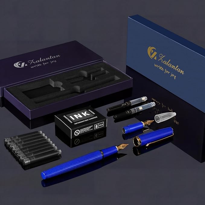 Fountain Pen,Elegant Fountain Pens with 2 Nib(F/EF) 8 black ink cartridges,Fancy Pen for Journaling,Nice Pens for Writing,Calligraphy Pen,Writing Pen with Gift box(Blue)