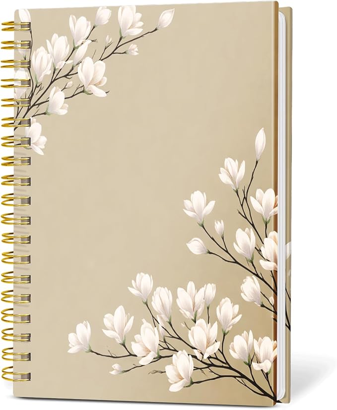 KZYVFNPQ Spiral Journal Notebook for Women Men, A5 Cute Hardcover Lined Notebook with Strong Binding,College Ruled Notebook for Office Work Writing(White Beige Flowers)