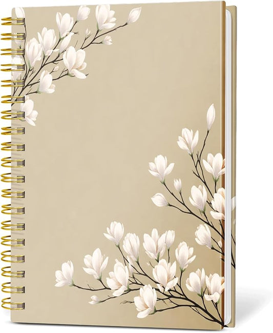 KZYVFNPQ Spiral Journal Notebook for Women Men, A5 Cute Hardcover Lined Notebook with Strong Binding,College Ruled Notebook for Office Work Writing(White Beige Flowers)