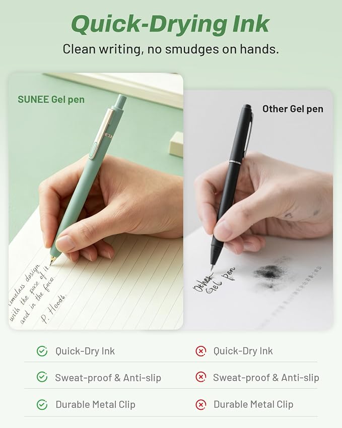 SUNEE Gel Pens, 6 Pack 0.5mm Pens Fine Point Smooth Writing Pens with Quick-Dry Black Ink, Cute Aesthetic School Office Note-Taking Pens for Journaling - Light Green