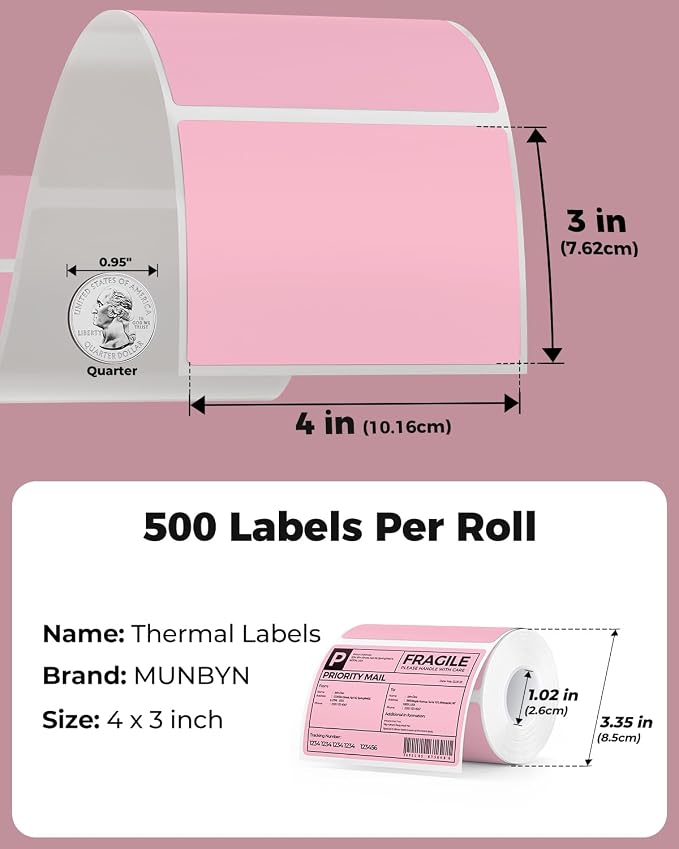 MUNBYN 4x3 Thermal Labels, 500 Sheets/1 Roll, Pink | Strong Adhesive & Perforated, Non BPA&BPS for Small Business, Shipping, Bakery, Clothing