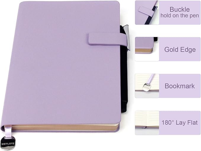 A5 Soft Cover Lined Notebook, Pen Holder & Gold Edges, 180° Lay Flat Journal, Large 5.7 x 8.4 in, Bookmark & Gift Box, Business Notebook for Work, Study, Travel(Light Purple)