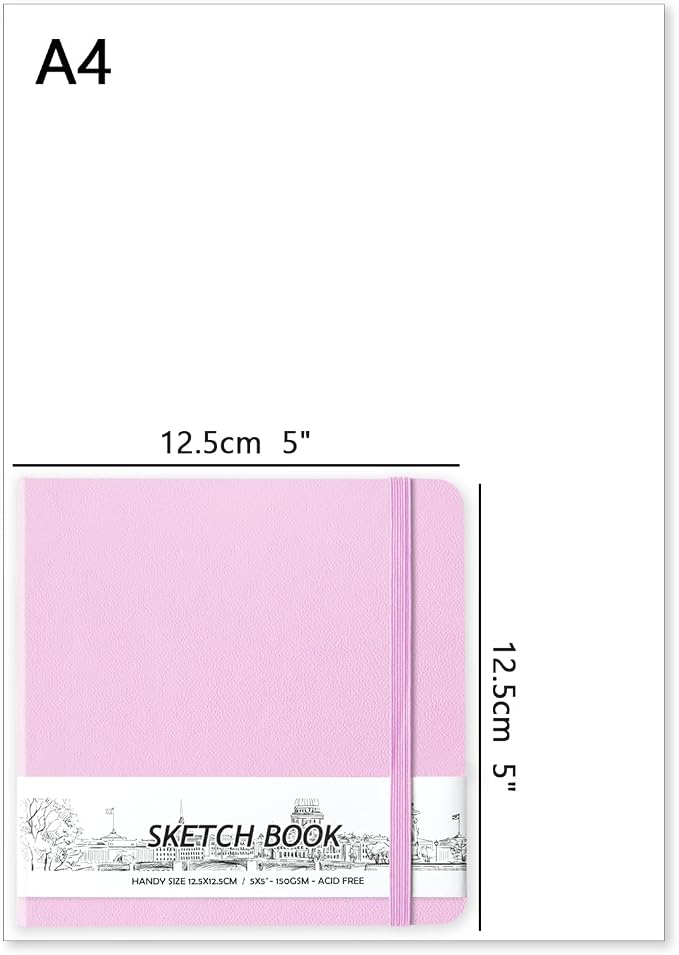 5" x 5" Hardcover Sketch Book,58 Sheets Small Mixed Media Pocket Sketch Pad | PU Cover,150 GSM Acid Free Artist Drawing Paper,Travel Journal Blank Notebook for Adults Sketching,Illustration.Purple Pink