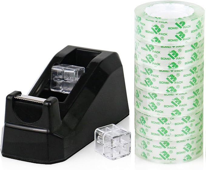 BOMEI PACK Tape Dispensers Desk, 1 Pack Black with 6Rolls Transparent Tape Refills, 1 Inch Core, for Gift Wrapping, School, Office and Home