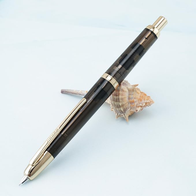 Jinhao 20 Press Retractable Fountain Pen Extra Fine Nib with Converter Resin Writing Gift Pen, Transparent Black with Golden Clip