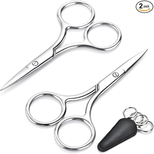 2-Pack Small Scissors, Professional Eyebrow & Facial Hair Scissors - Stainless Steel Precision Grooming Kit for Women & Men | 3.5” Straight Tip for Eyebrows, Beard, Nose, Mustache & Ear Hair Scissors