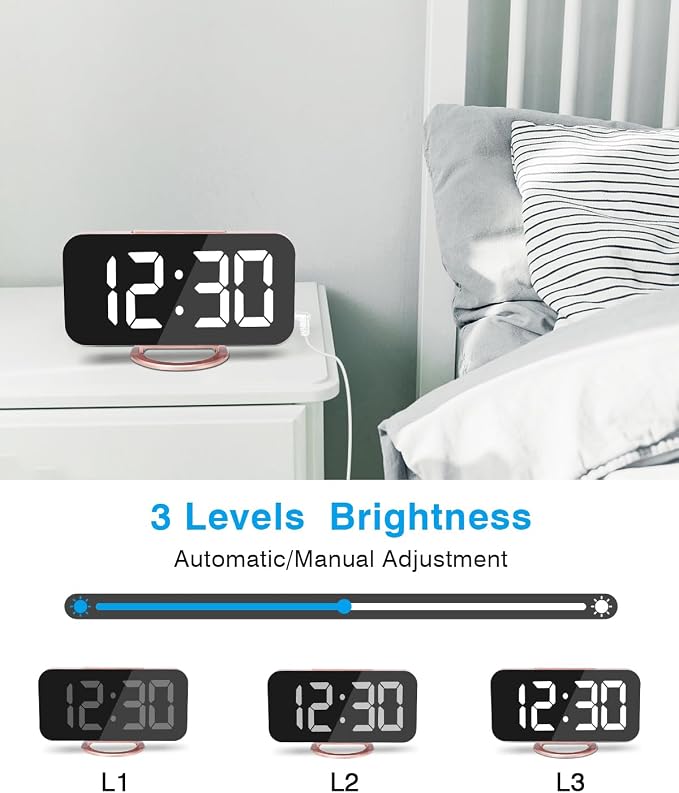 Digital Alarm Clock,7 Inch LED Mirrored Large Display, with Dual USB Charger Ports,Auto Dim,Snooze Function,Modern Desk Wall Electronic Clocks for Bedroom Living Room Office - Rose Gold