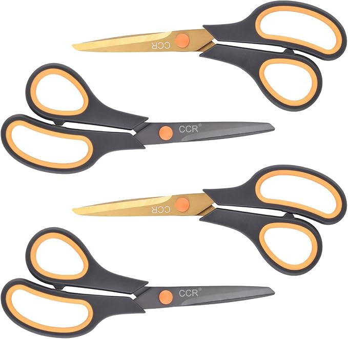 CCR Scissors 8 Inch Soft Comfort-Grip Handles Sharp Titanium Coating Blades, 4-Pack