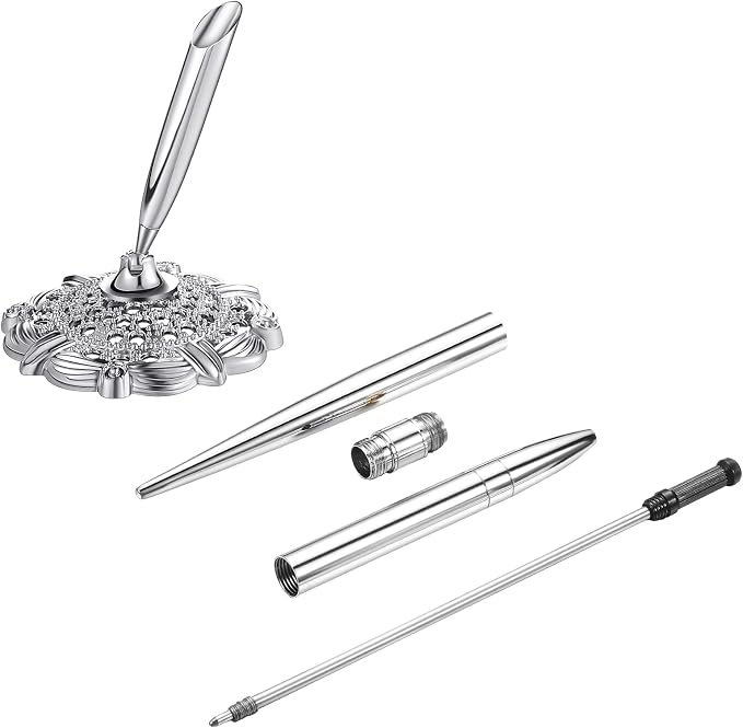 Outus 2 Pieces Wedding Pens for Guest Book Signing Pen with Metal Hollow Round Holder Stand Set for Wedding Bridal Engagement Reception Supplies(Silver)