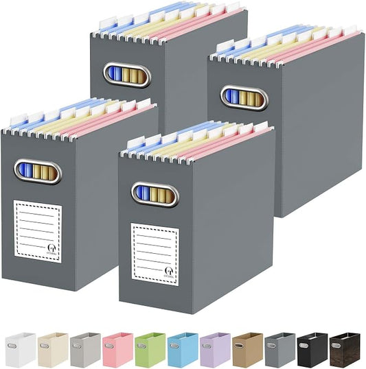 Oterri File Organizer Box, Portable Collapsible Cardboard File Folder Organizer with Handle for Letter Size Hanging Files, Document Storage Box for Home Office & Classroom (4 Packs, Dark Grey)