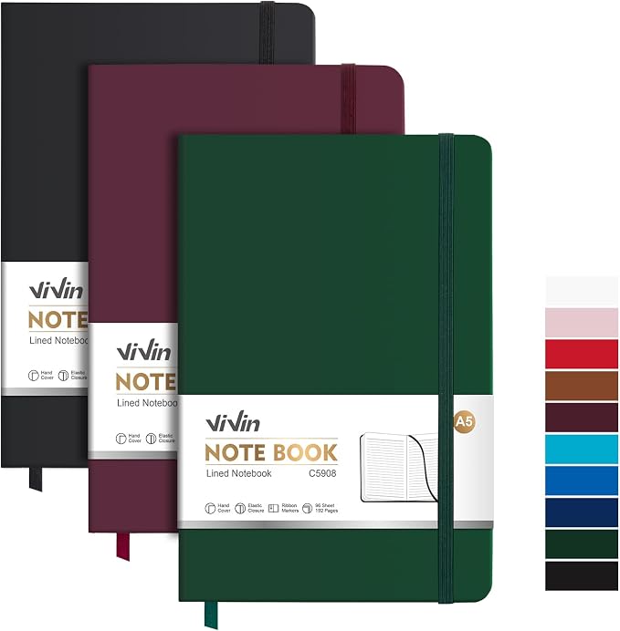 ViVin Lined Journal Notebooks,3 Pack,192 Pages,Medium 5.5 x 8.3 inch,College Ruled,A5 Hardcover Notebooks,Journaling Notebooks for Professional Office Work,Writing, School