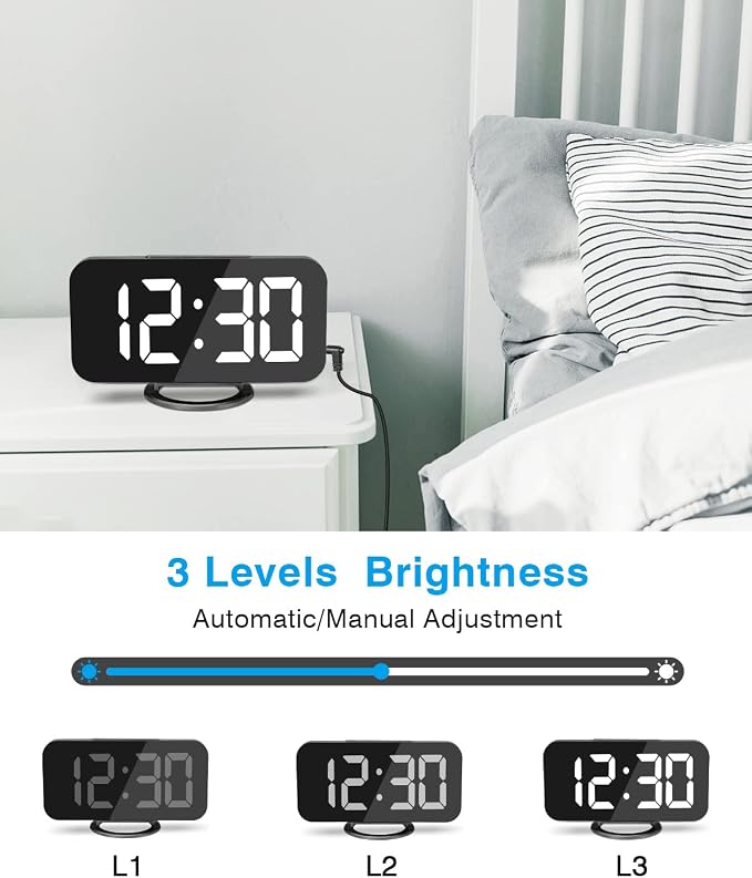 Digital Alarm Clocks,7" LED Mirror Electronic Clock,with 2 USB Charging Ports,Snooze Mode,Auto Adjust Brightness,Modern Desk Wall Clock for Bedroom Living Room Office - Black