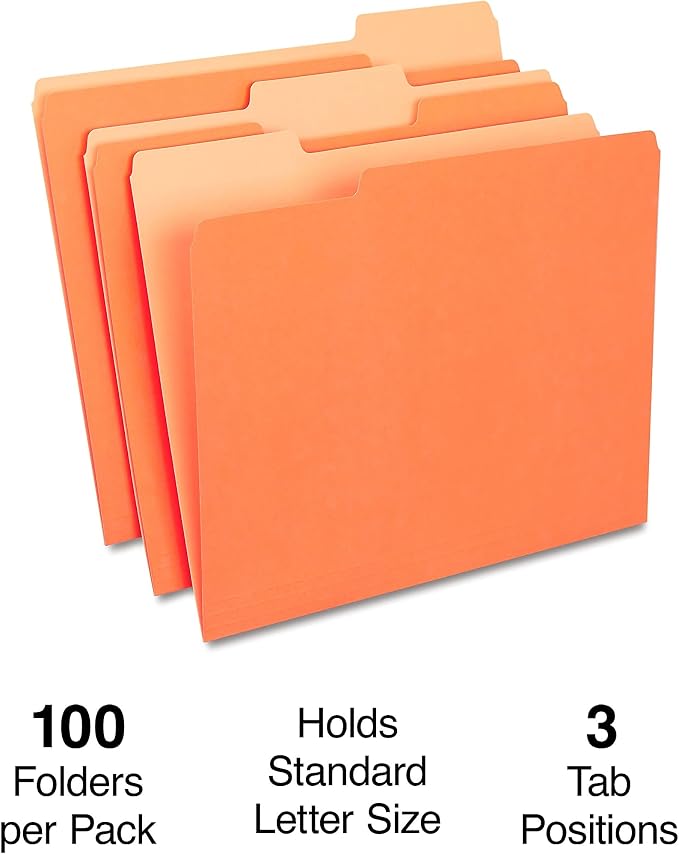 Staples File Folder, Letter Size, 1/3‑Cut Tab, Orange, Durable Paper Stock, 200/Carton