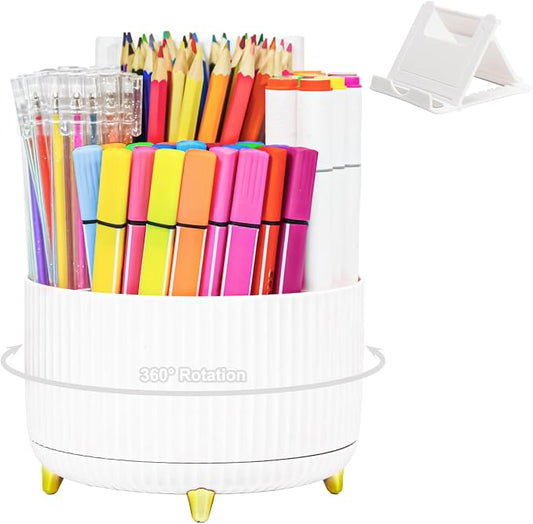 SAYEEC Rotating Pen Holder 5 Slots Desk Organizer with Adjustable Phone Stand White Makeup Brush Holder Organizer Cute Pencil Cup Pot Art Supply Storage Box Caddy for Office School Vanity Bathroom