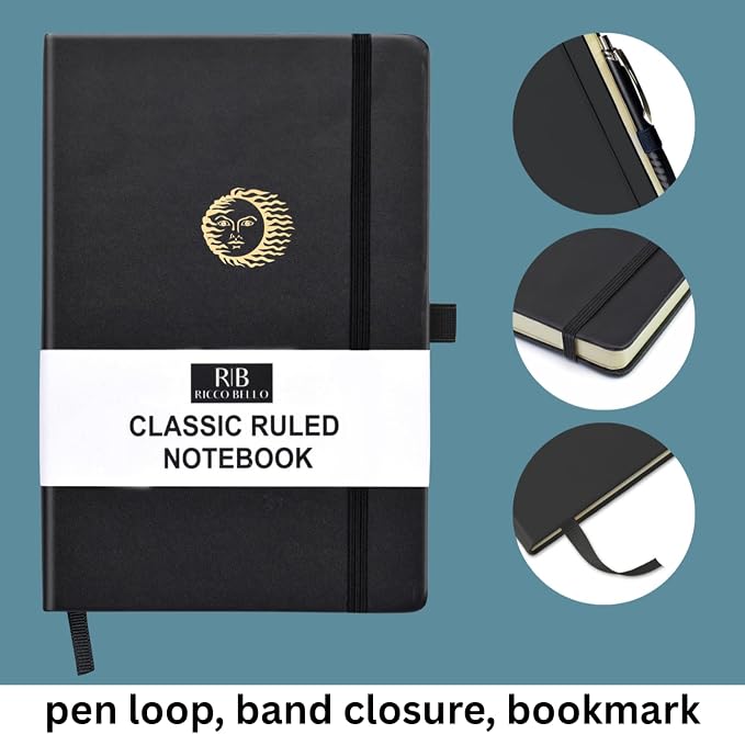 RICCO BELLO Lined Journal Notebook, Sun, 5.7 x 8.4-Inches | Faux Leather Hardcover, College Ruled, 96 Sheets / 192 Pages, Pen Holder, For Work & Notes