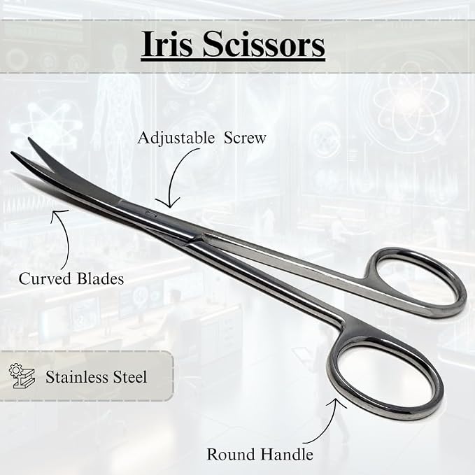 Premium Iris Scissors Micro Dissecting Scissors Curved 4.5" with Fine Sharp Blades Made of Stainless Steel Medical Surgical Tools (Silver)