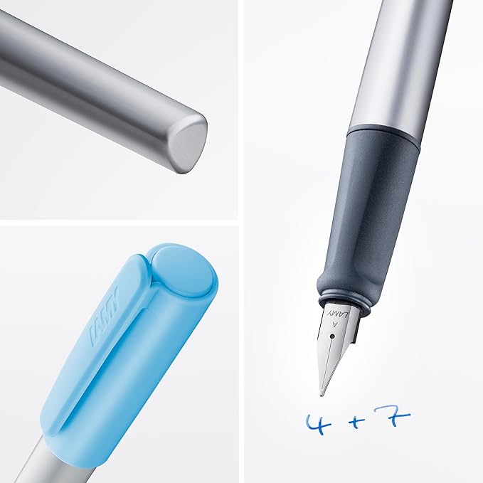 LAMY nexx azure – Fountain Pen with slip-proof grip & polished steel nib in size M - triangular aluminum body - including LAMY T 10 blue cartridge - Right-Handed