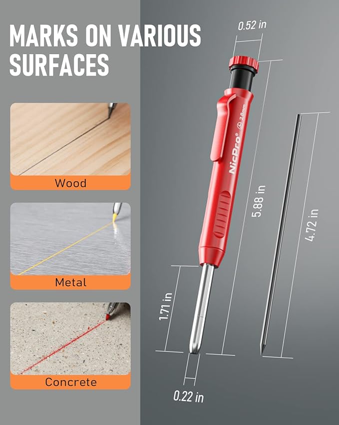 Nicpro 3 Pack Carpenter Pencil with Sharpener, Mechanical Carpenter Pencils with 39 Refills, Construction Pencil Heavy Duty Woodworking Pencils for Architect (Red, Black, Yellow)- With Case